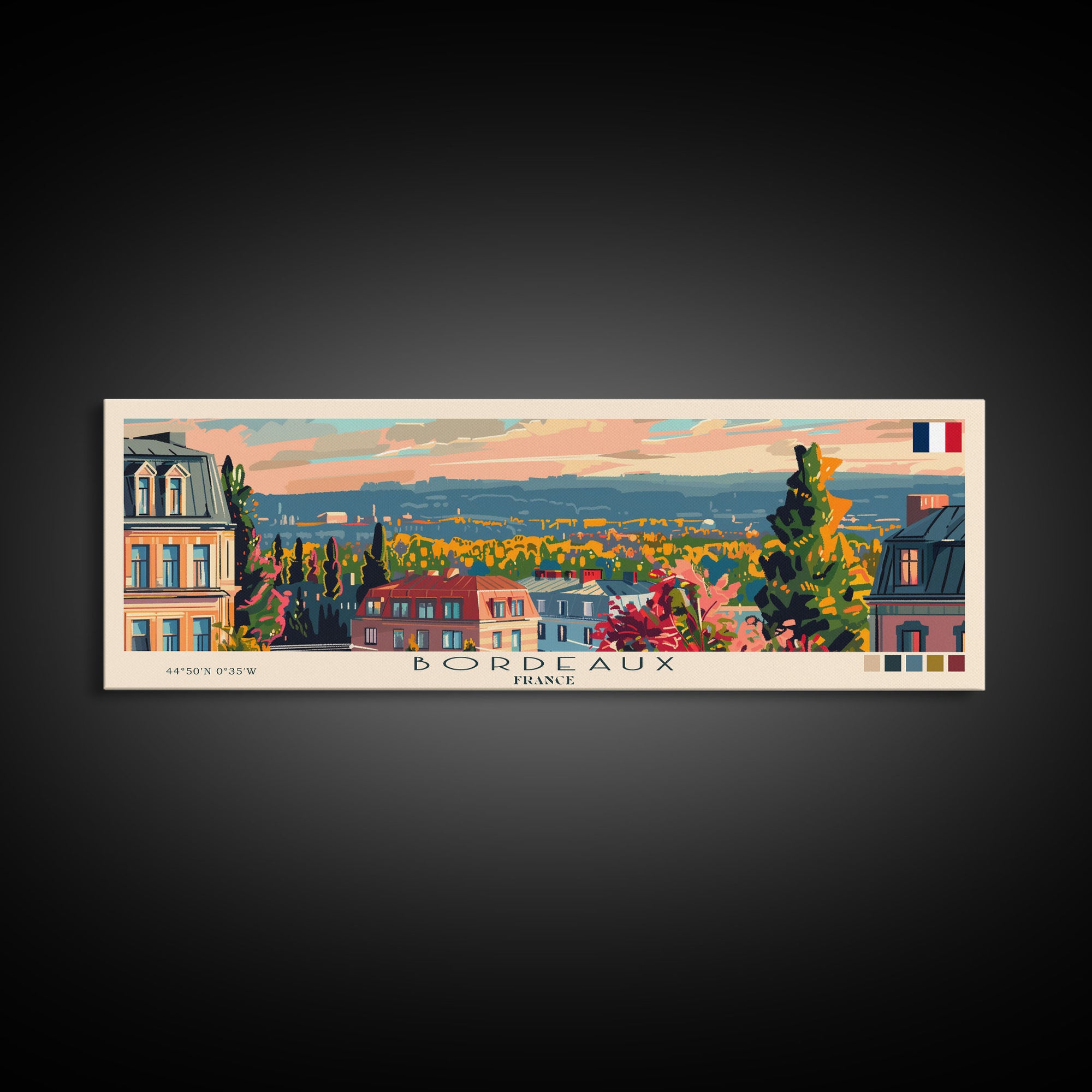 Bordeaux France Panoramic Travel Poster, Framed Canvas Print or Metal Wall Art, Travel Art, Home Decor, Panoramic Painting, Midcentury Art