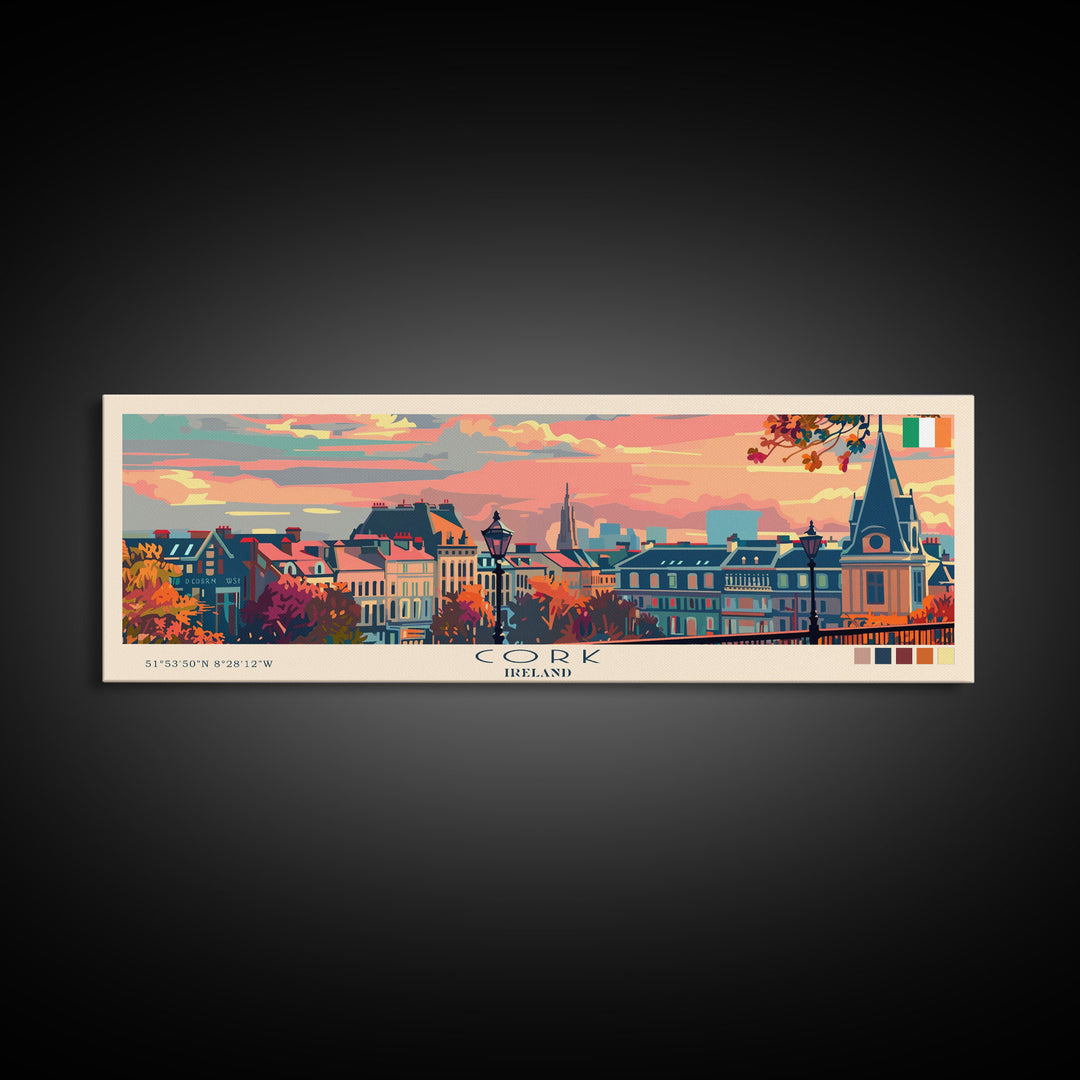 Cork Ireland Panoramic Travel Poster, Framed Canvas Print or Metal Wall Art, Travel Art, Home Decor, Panoramic Painting, Midcentury Art