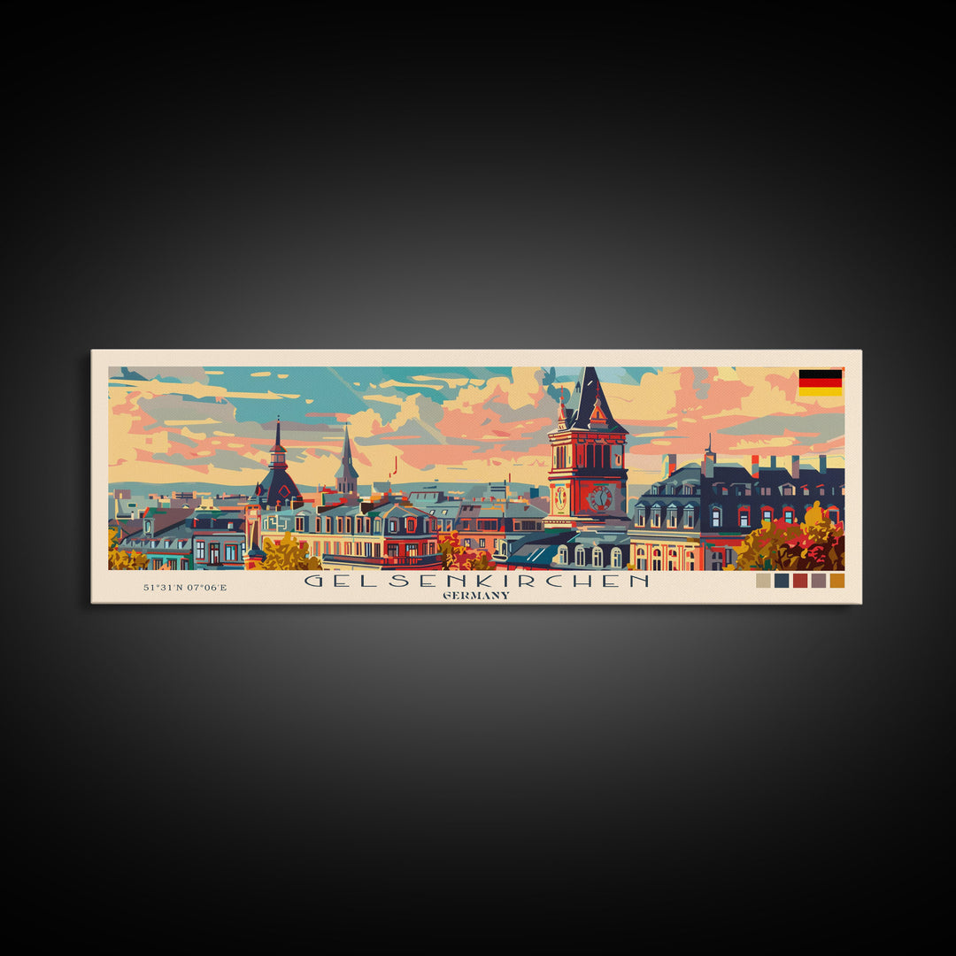 Gelsenkirchen Germany Panoramic Travel Poster, Framed Canvas Print or Metal Wall Art, Travel Art, Home Decor, Panoramic Painting, Midcentury Art