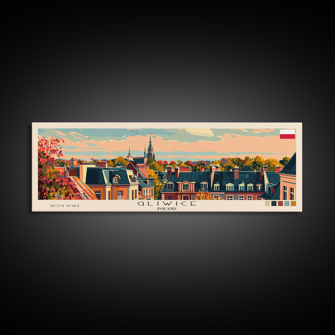 Gliwice Poland Panoramic Travel Poster, Framed Canvas Print or Metal Wall Art, Travel Art, Home Decor, Panoramic Painting, Midcentury Art