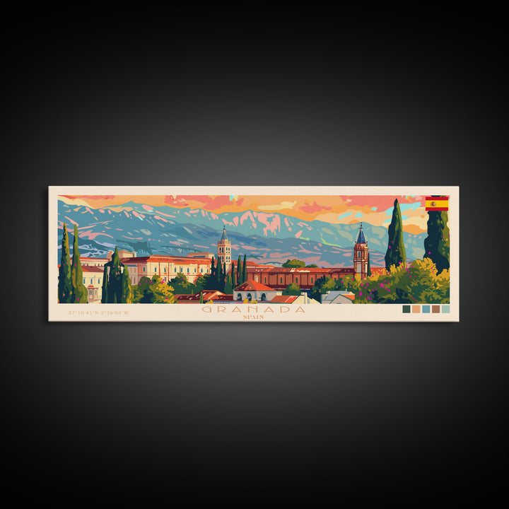 Granada Spain Panoramic Travel Poster, Framed Canvas Print or Metal Wall Art, Travel Art, Home Decor, Panoramic Painting, Midcentury Art