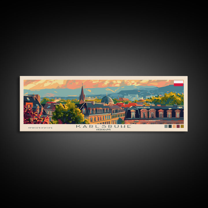 Karlsruhe Germany Panoramic Travel Poster, Framed Canvas Print or Metal Wall Art, Travel Art, Home Decor, Panoramic Painting, Midcentury Art