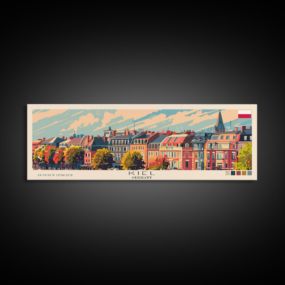 Kiel Germany Panoramic Travel Poster, Framed Canvas Print or Metal Wall Art, Travel Art, Home Decor, Panoramic Painting, Midcentury Art