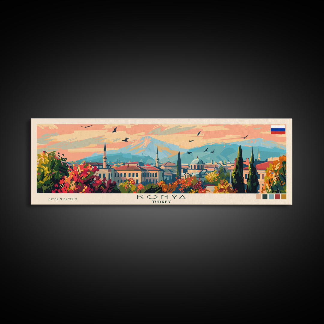 Konya Turkey Panoramic Travel Poster, Framed Canvas Print or Metal Wall Art, Travel Art, Home Decor, Panoramic Painting, Midcentury Art