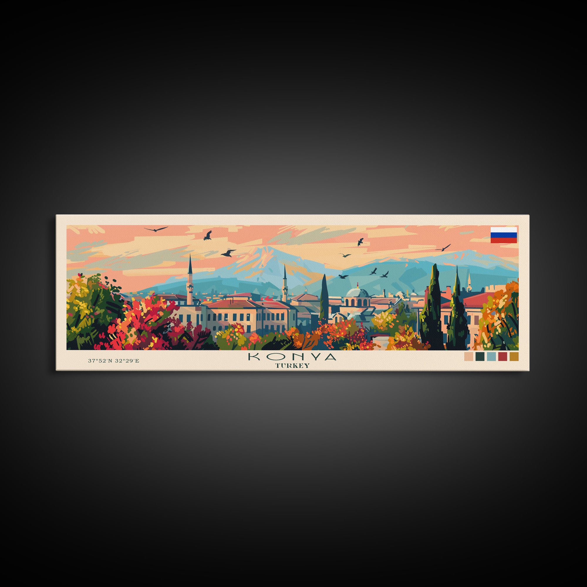 Konya Turkey Panoramic Travel Poster, Framed Canvas Print or Metal Wall Art, Travel Art, Home Decor, Panoramic Painting, Midcentury Art