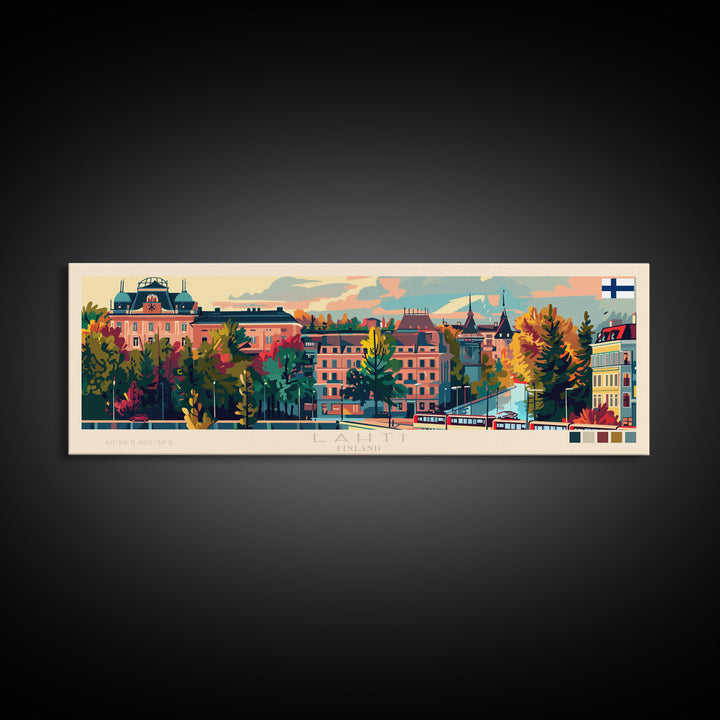 Lahti Finland Panoramic Travel Poster, Framed Canvas Print or Metal Wall Art, Travel Art, Home Decor, Panoramic Painting, Midcentury Art