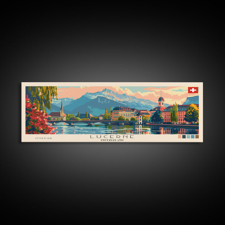 Lucerne Switzerland Travel Art, City Art, Framed Canvas Print or Metal Wall Art, Europe Travel Poster, Panoramic Wall Art, Extra Wide Wall Art