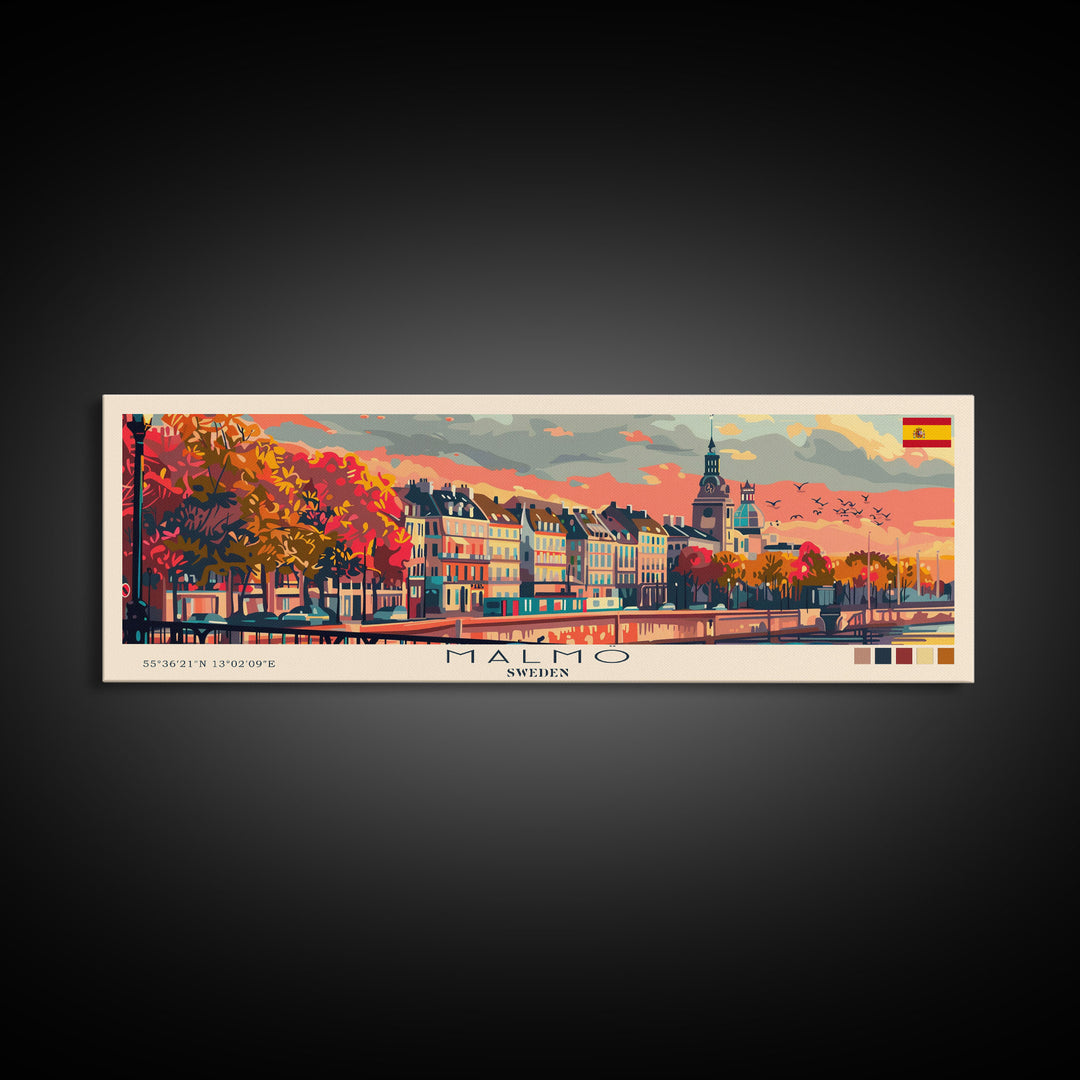 Malmo Sweden Travel Art, City Art, Framed Canvas Print or Metal Wall Art, Europe Travel Poster, Panoramic Wall Art, Extra Wide Wall Art