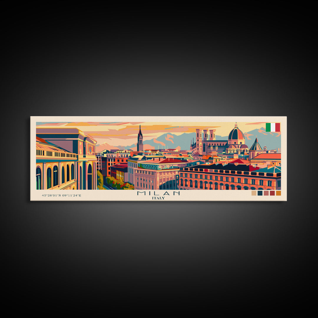 Milan Italy Panoramic Travel Poster, Framed Canvas Print or Metal Wall Art, Travel Art, Home Decor, Panoramic Painting, Midcentury Art
