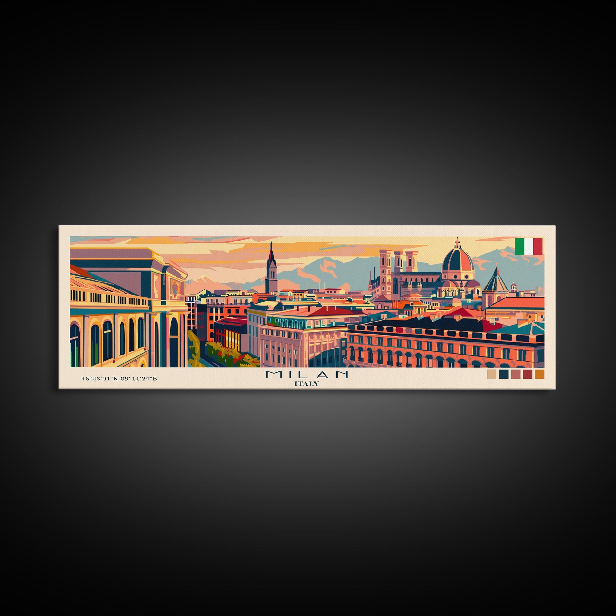 Milan Italy Panoramic Travel Poster, Framed Canvas Print or Metal Wall Art, Travel Art, Home Decor, Panoramic Painting, Midcentury Art