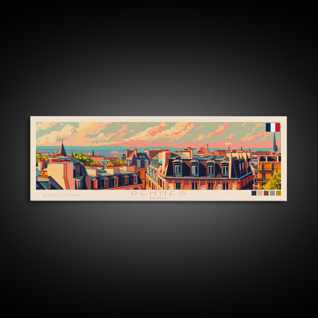 Rennes France Panoramic Travel Poster, Framed Canvas Print or Metal Wall Art, Travel Art, Home Decor, Panoramic Painting, Midcentury Art