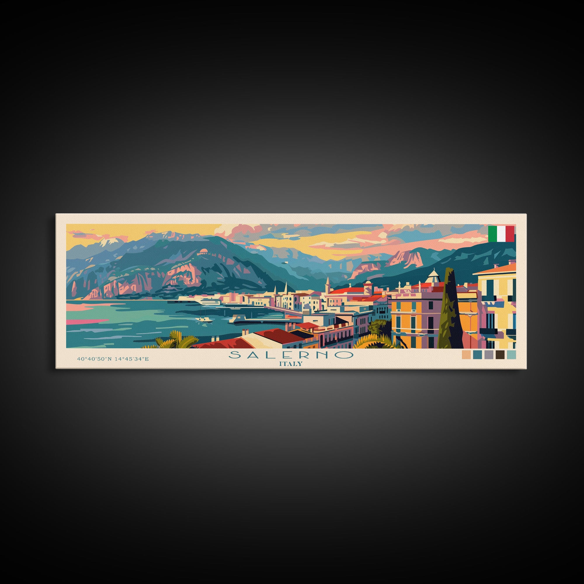 Salerno Italy Travel Art, City Art, Framed Canvas Print or Metal Wall Art, Europe Travel Poster, Panoramic Wall Art, Extra Wide Wall Art