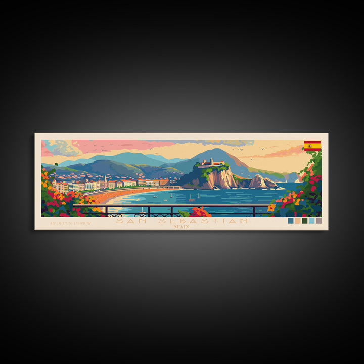 San Sebastian Spain Panoramic Travel Poster, Framed Canvas Print or Metal Wall Art, Travel Art, Home Decor, Panoramic Painting, Midcentury Art