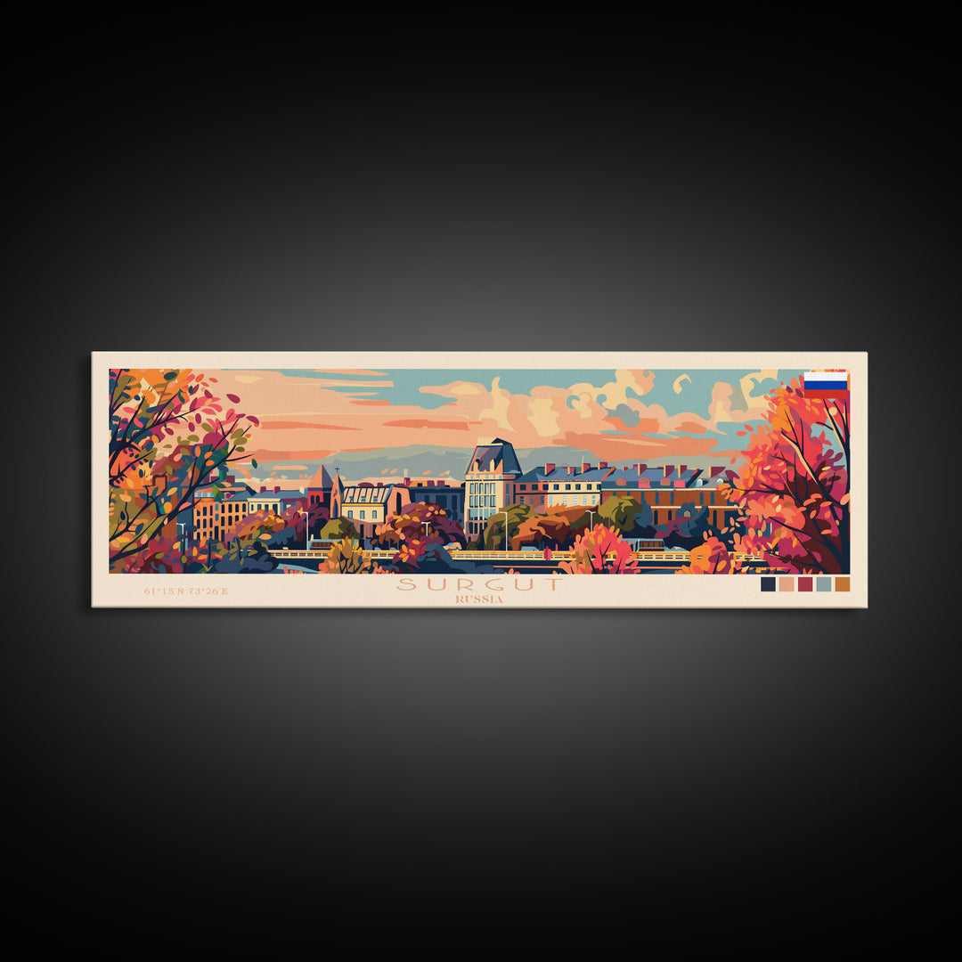 Surgut Russia Panoramic Travel Poster, Framed Canvas Print or Metal Wall Art, Travel Art, Home Decor, Panoramic Painting, Midcentury Art