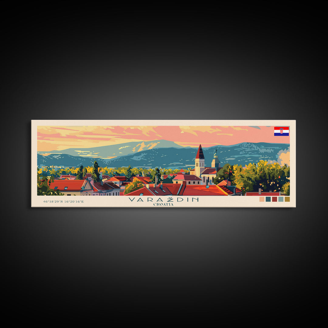 Varaždin Croatia Panoramic Travel Poster, Framed Canvas Print or Metal Wall Art, Travel Art, Home Decor, Panoramic Painting, Midcentury Art