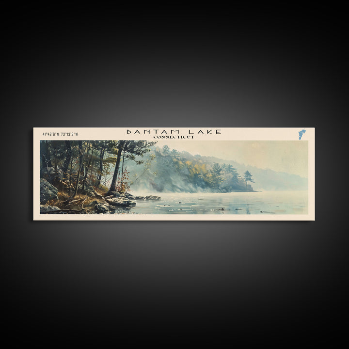 Bantam Lake Connecticut Lake House Art, Framed Canvas Print, Panoramic Travel Poster, Scenic View, Modern Decor, Water Reflection