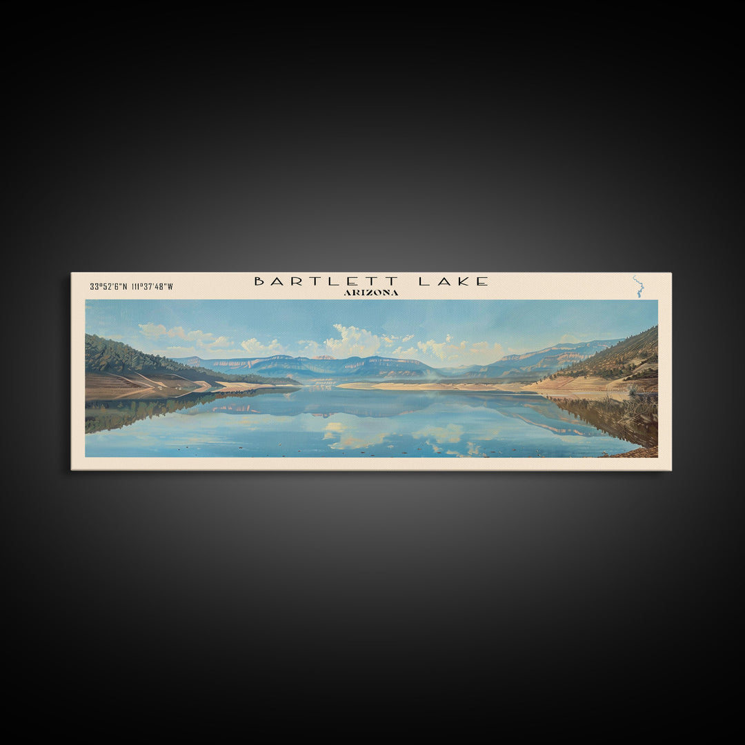 Bartlett Lake Arizona Framed Canvas Print, Panoramic Lake House Art, Scenic Painting, Travel Poster, Minimalist Wall Art, Home Decor