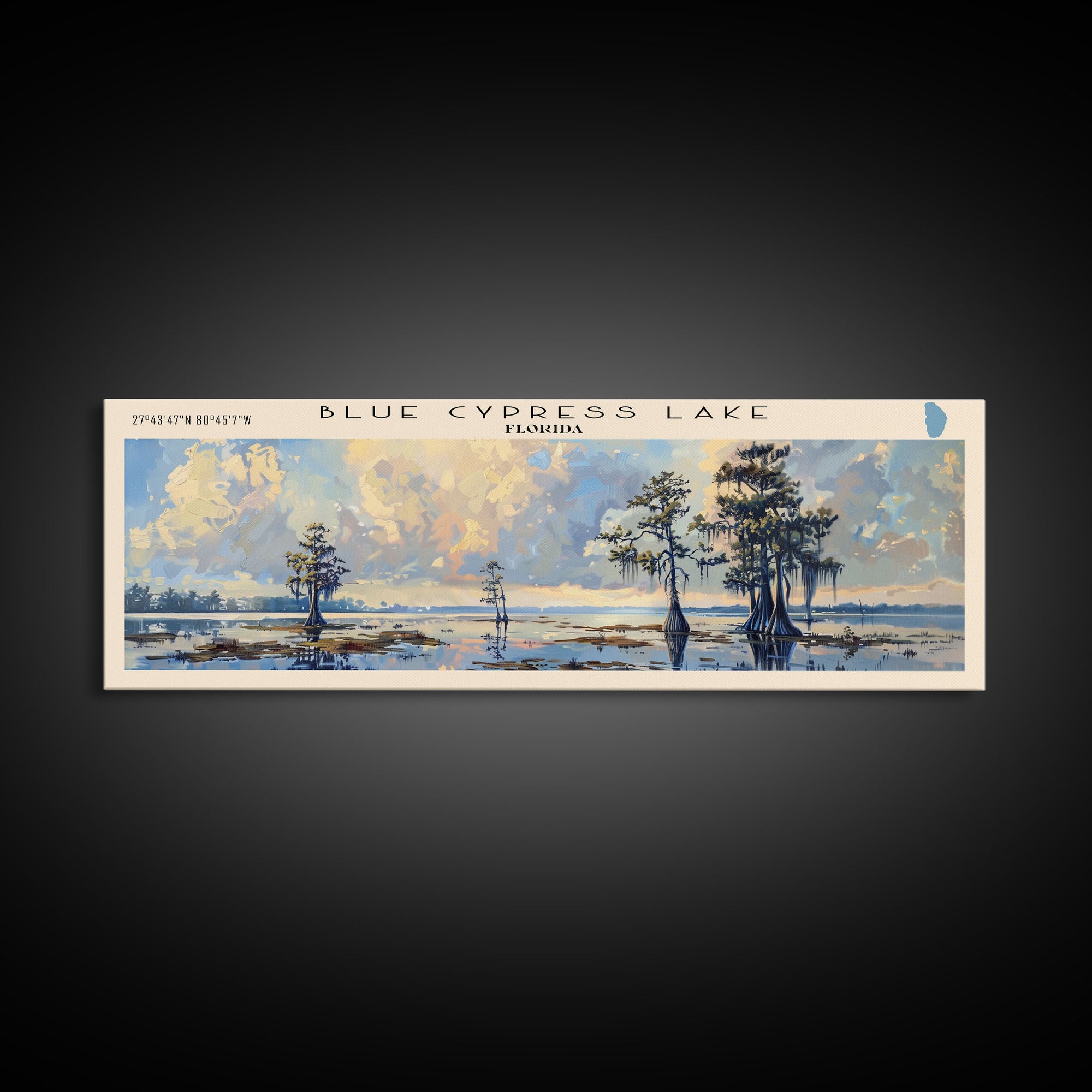 Blue Cypress Lake Florida Framed Canvas Print, Lake House Art, Panoramic Scenic View, Travel Poster, Modern Decor, Lake Painting