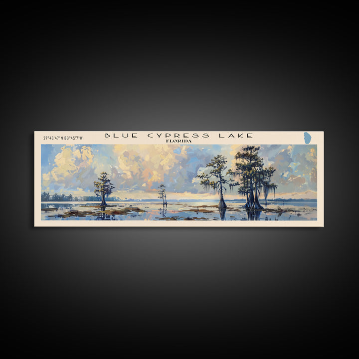 Blue Cypress Lake Florida Framed Canvas Print, Lake House Art, Panoramic Scenic View, Travel Poster, Modern Decor, Lake Painting