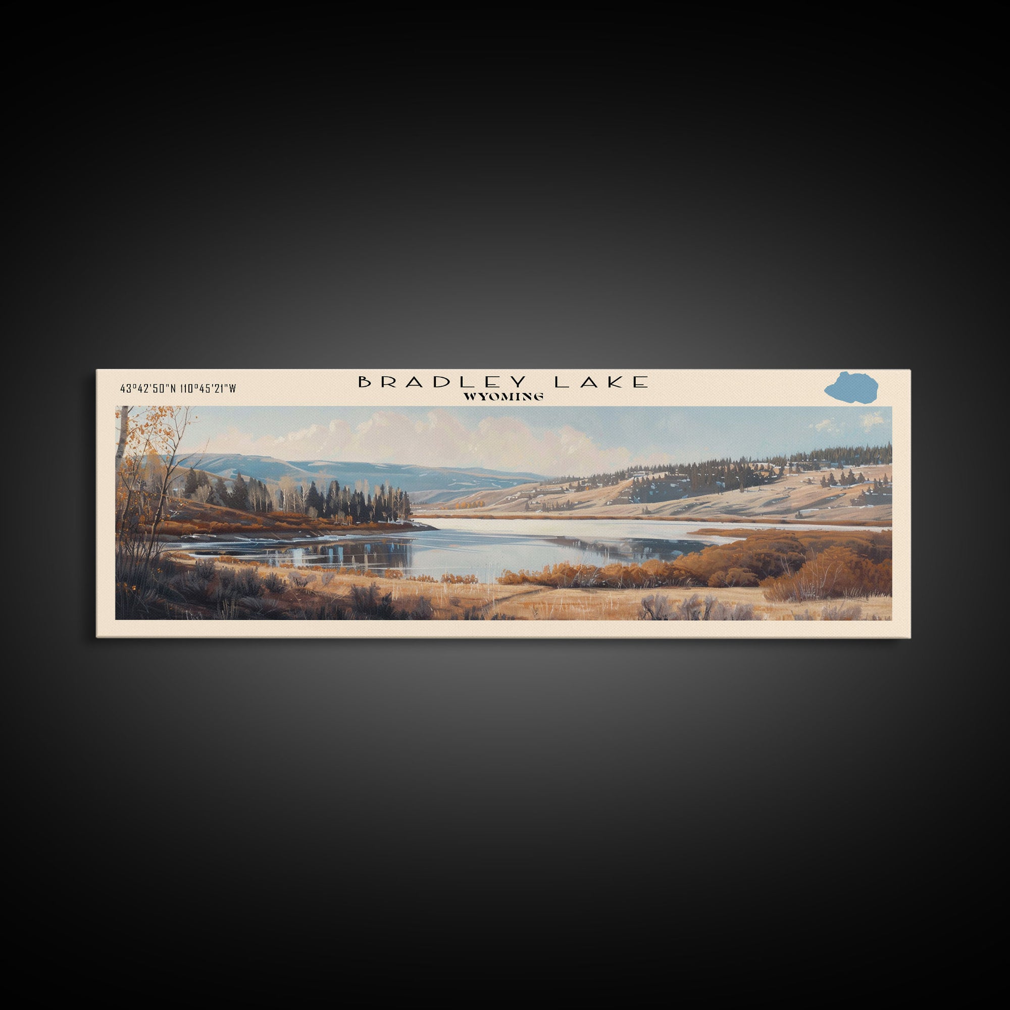 Bradley Lake Wyoming Framed Canvas Print, Panoramic Lake House Decor, Wall Art, Travel Poster, Rustic Lake Painting, Nature Art