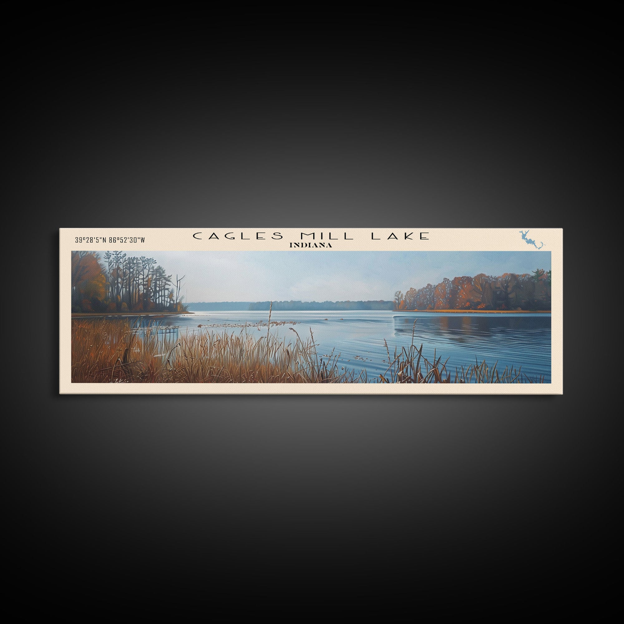 Cagles Mill Lake Indiana Framed Canvas Print, Lake House Art, Panoramic Travel Poster, Wall Art, Modern Lake Painting, Home Decor