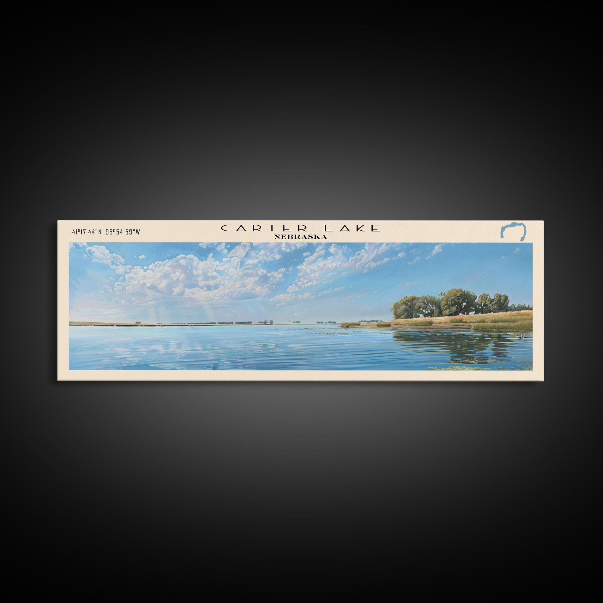 Carter Lake Nebraska Framed Canvas Print, Lake House Art, Panoramic Wall Art, Travel Poster, Modern Lake Painting, Home Decor