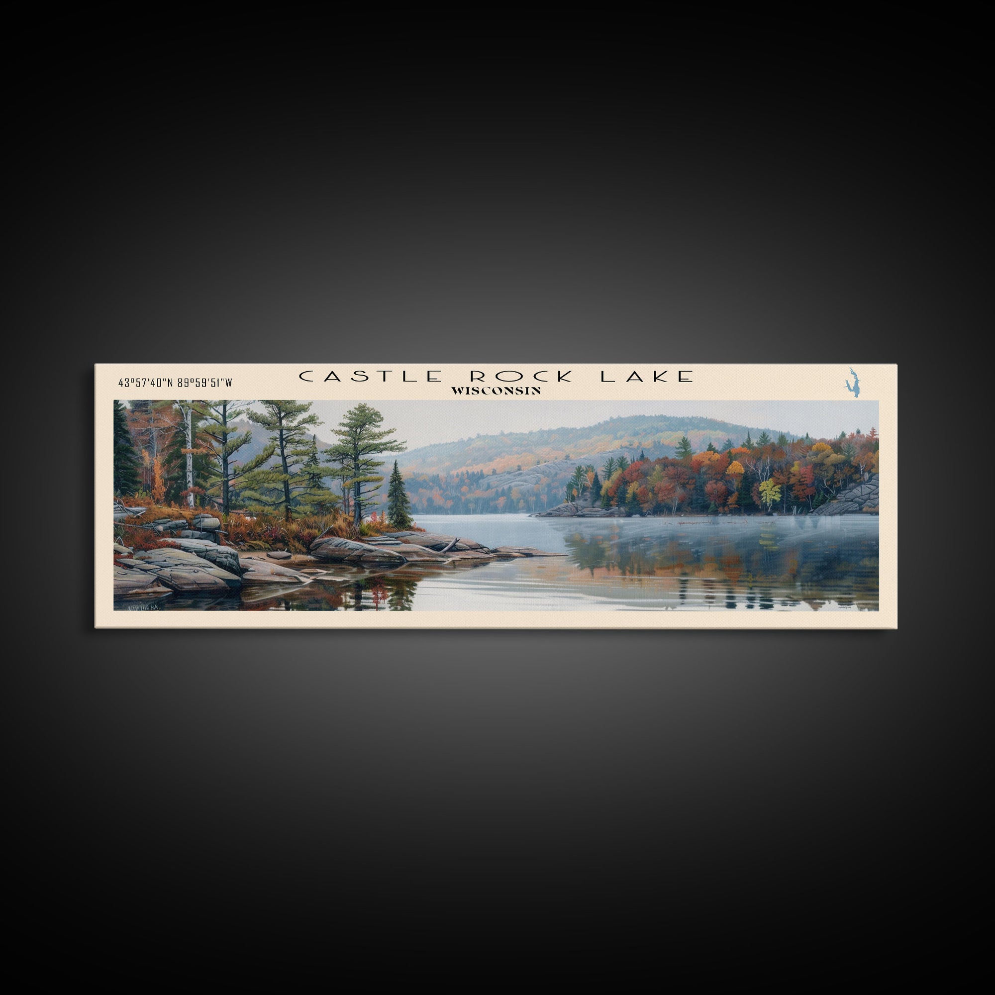 Castle Rock Lake Wisconsin Framed Canvas Print, Lake House Art, Panoramic Wall Art, Travel Poster, Modern Lake Painting, Home Decor