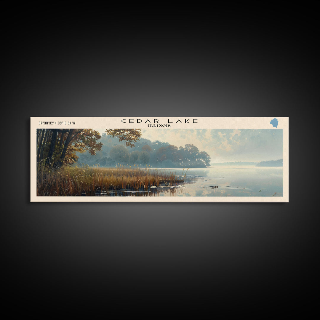 Cedar Lake Illinois Framed Canvas Print, Lake House Art, Panoramic Wide Art, Travel Poster, Minimalist Lake Painting, Home Decor