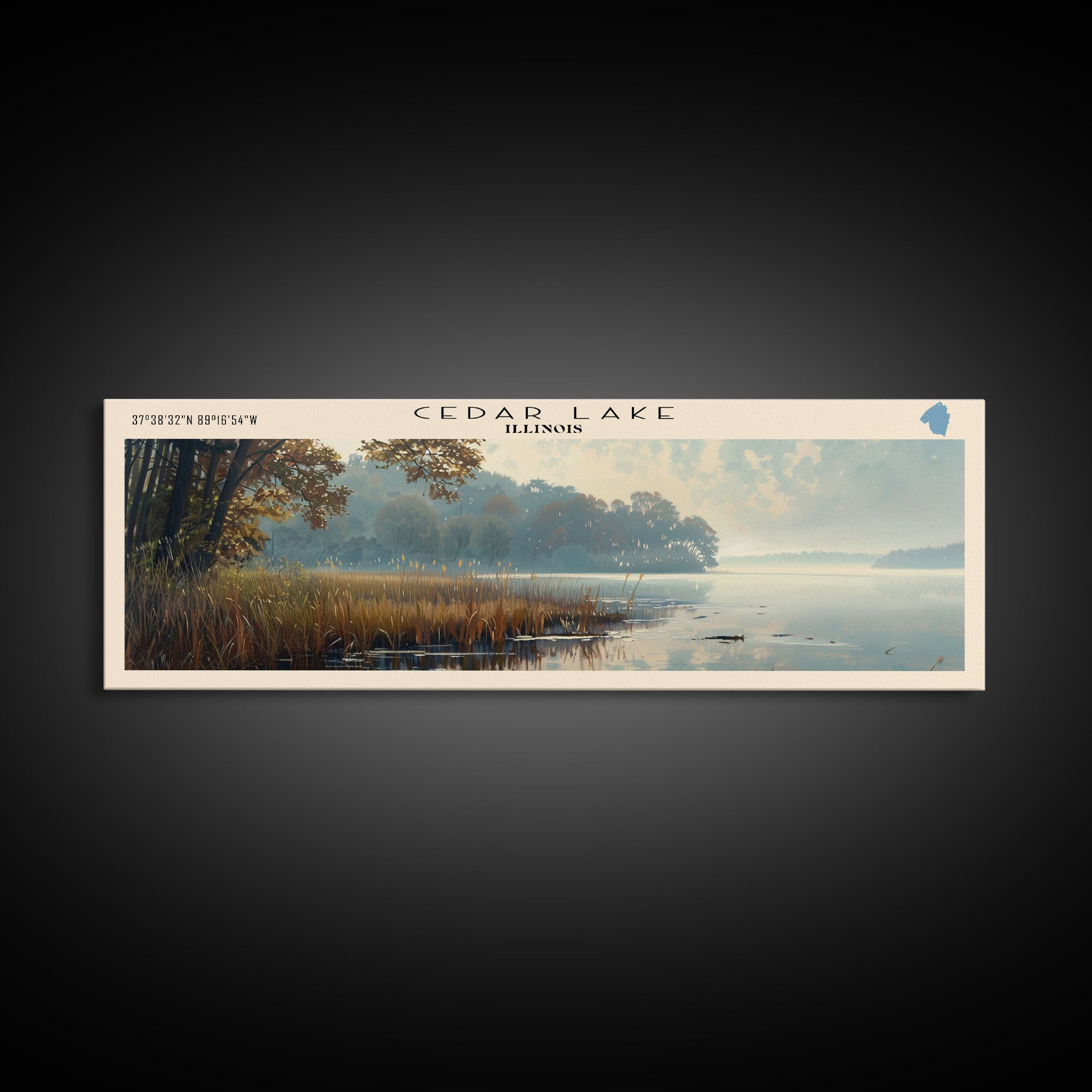 Cedar Lake Illinois Framed Canvas Print, Lake House Art, Panoramic Wide Art, Travel Poster, Minimalist Lake Painting, Home Decor