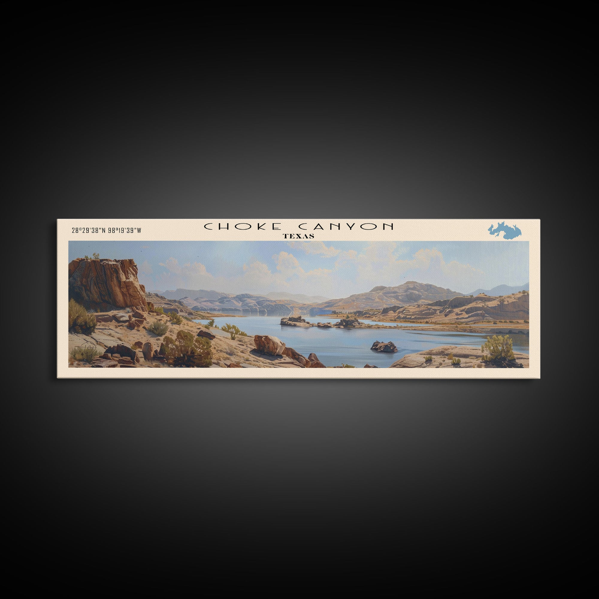 Choke Canyon Reservoir Framed Canvas Print, Panoramic Lake House Decor, Wide Wall Art, Travel Poster, Modern Lake Painting, Nature Art