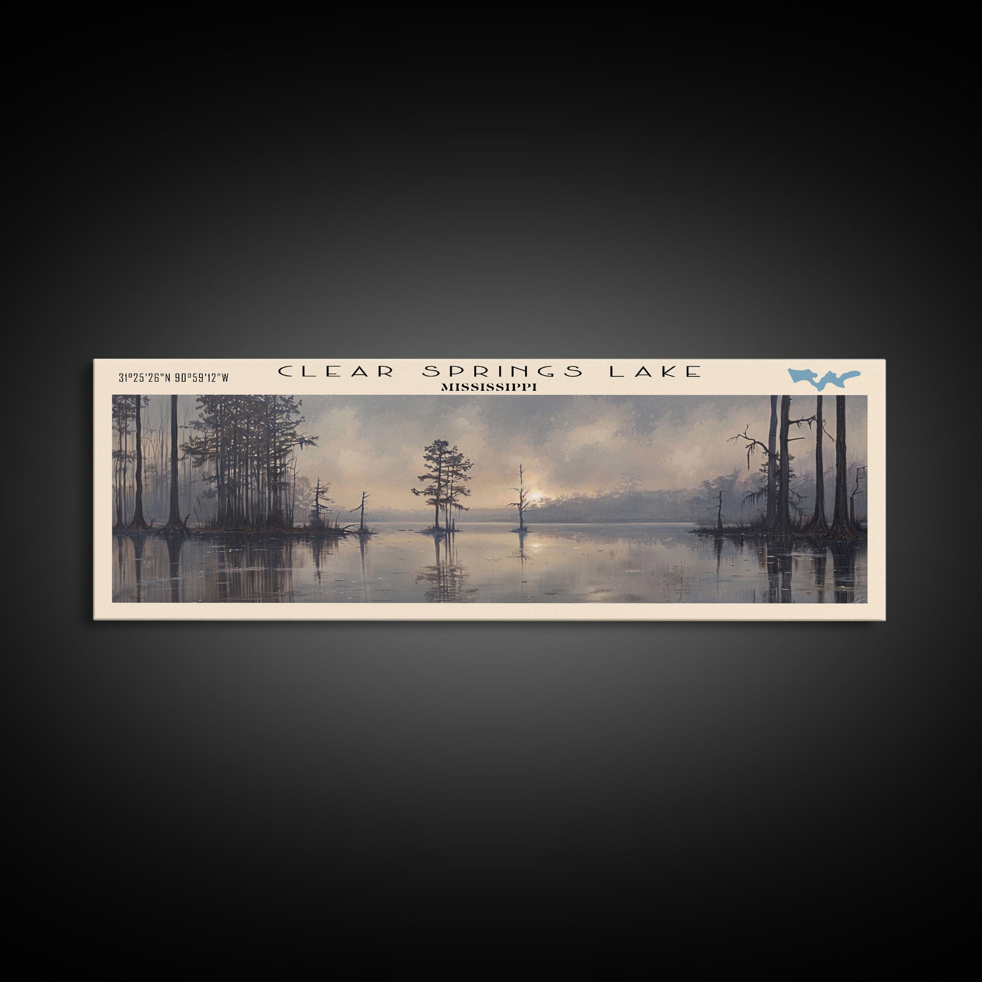 Clear Springs Lake Mississippi Framed Canvas Print, Panoramic Lake House Decor, Wide Wall Art, Travel Poster, Modern Lake Painting, Nature Art