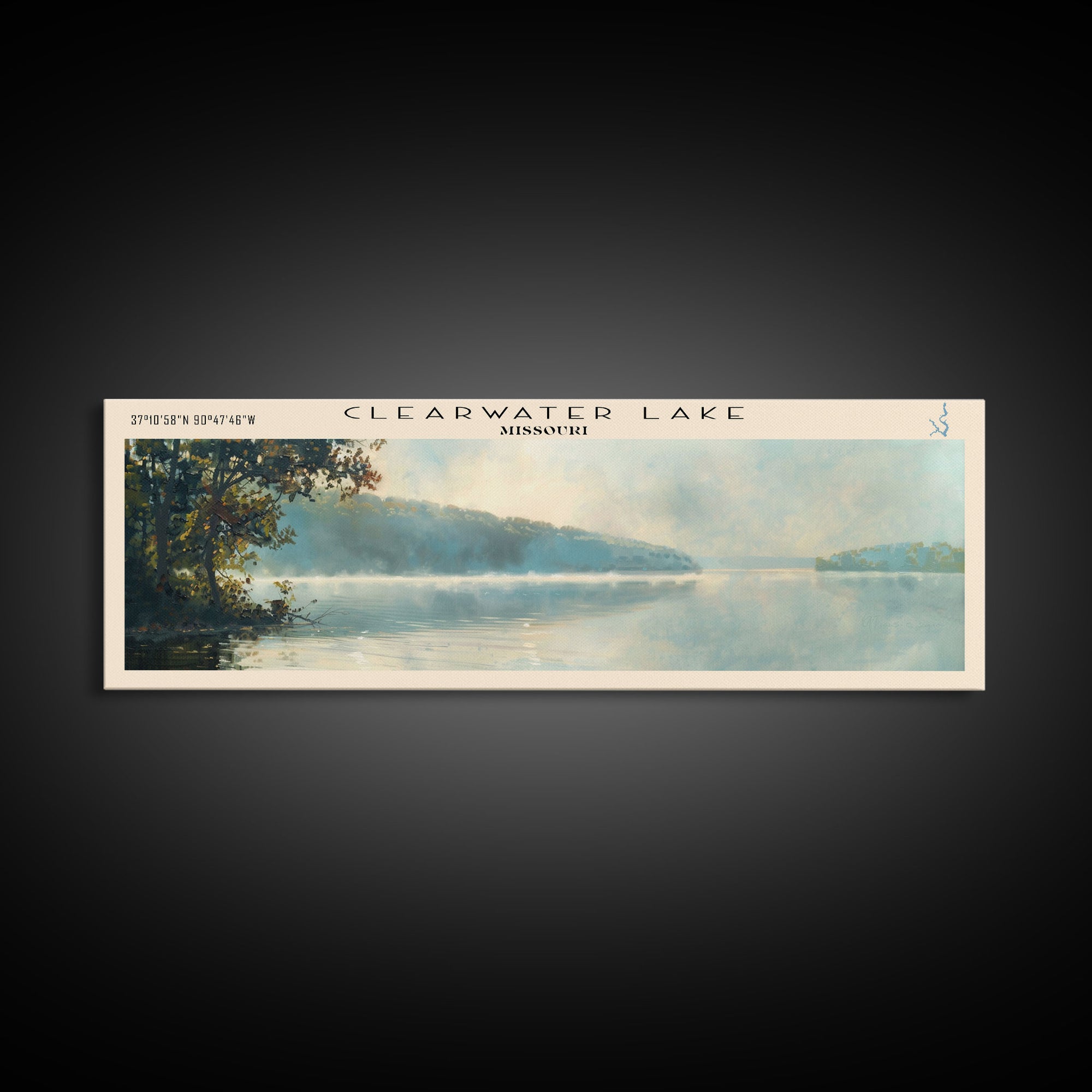 Clearwater Lake Missouri Framed Canvas Print, Lake House Decor, Panoramic Wide Art, Travel Poster, Rustic Lake Painting, Nature Art