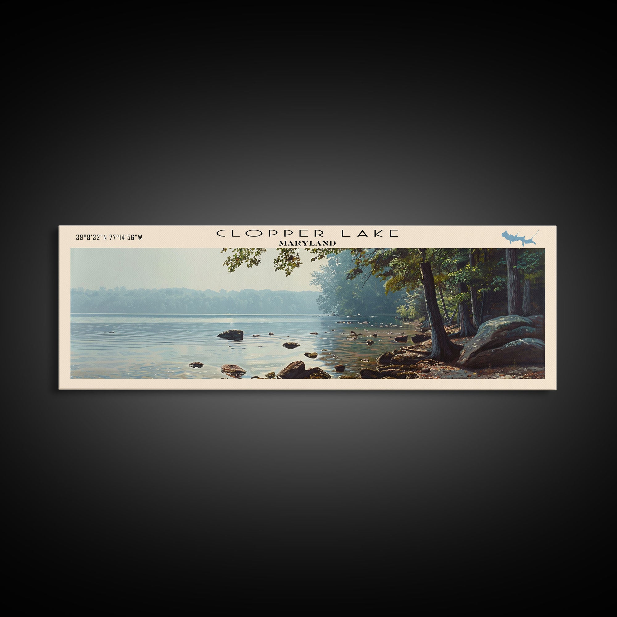 Clopper Lake Maryland Framed Canvas Print, Lake House Art, Panoramic Wide Art, Travel Poster, Minimalist Lake Painting, Home Decor