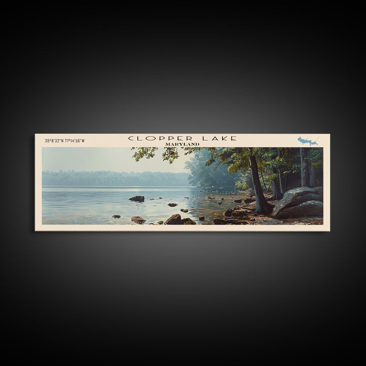 Clopper Lake Maryland Framed Canvas Print, Lake House Art, Panoramic Wide Art, Travel Poster, Minimalist Lake Painting, Home Decor