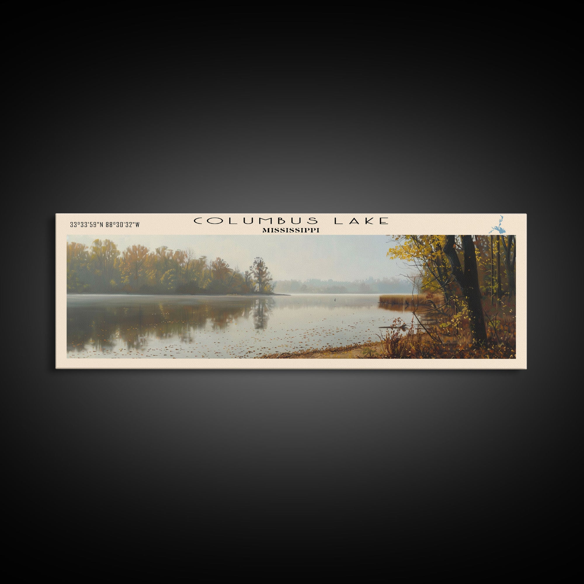 Columbus Lake Mississippi Framed Canvas Print, Panoramic Lake House Decor, Wide Wall Art, Travel Poster, Rustic Lake Painting, Nature Art