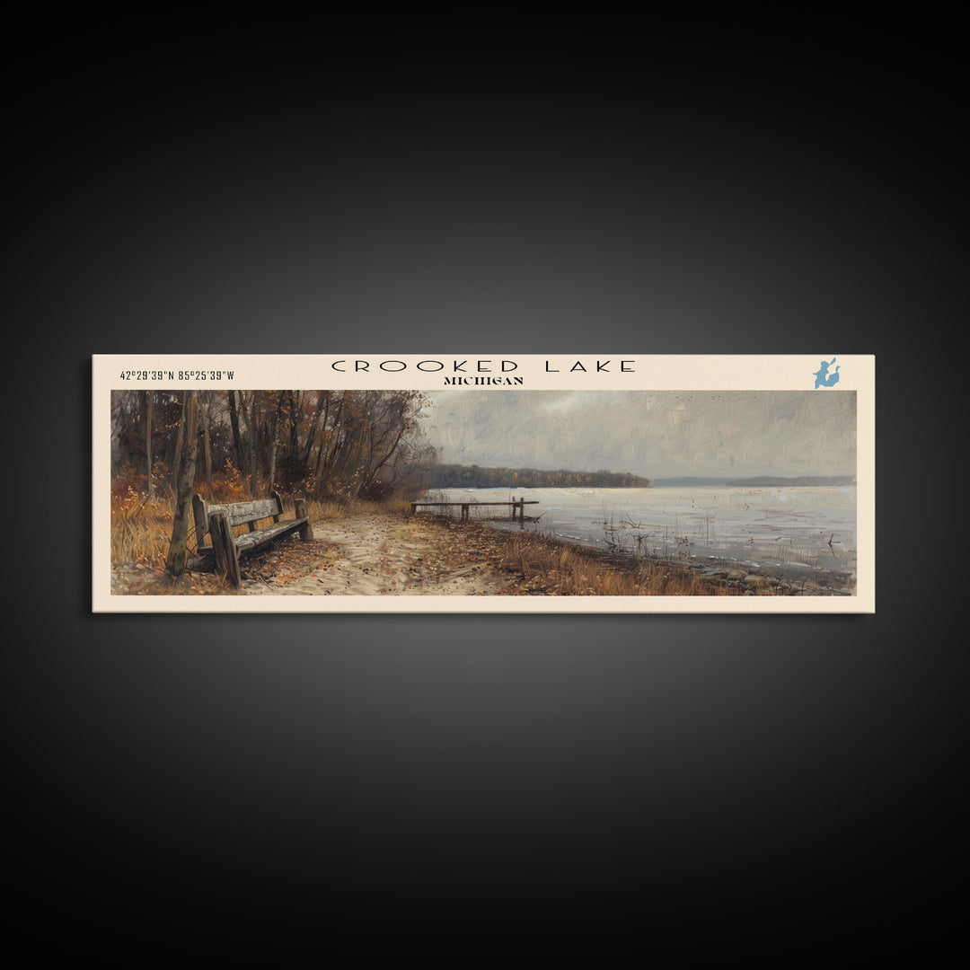Crooked Lake Michigan Framed Canvas Print, Lake House Art, Panoramic Wall Art, Travel Poster, Minimalist Lake Painting, Home Decor