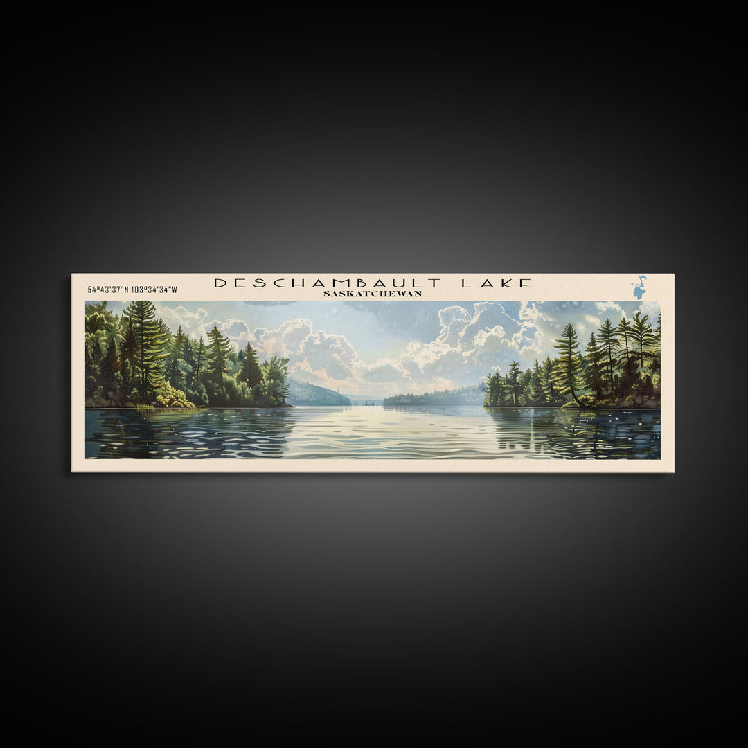 Deschambault Lake Framed Canvas Print, Lake House Decor, Panoramic Wall Art, Travel Poster, Modern Lake Painting, Nature Art