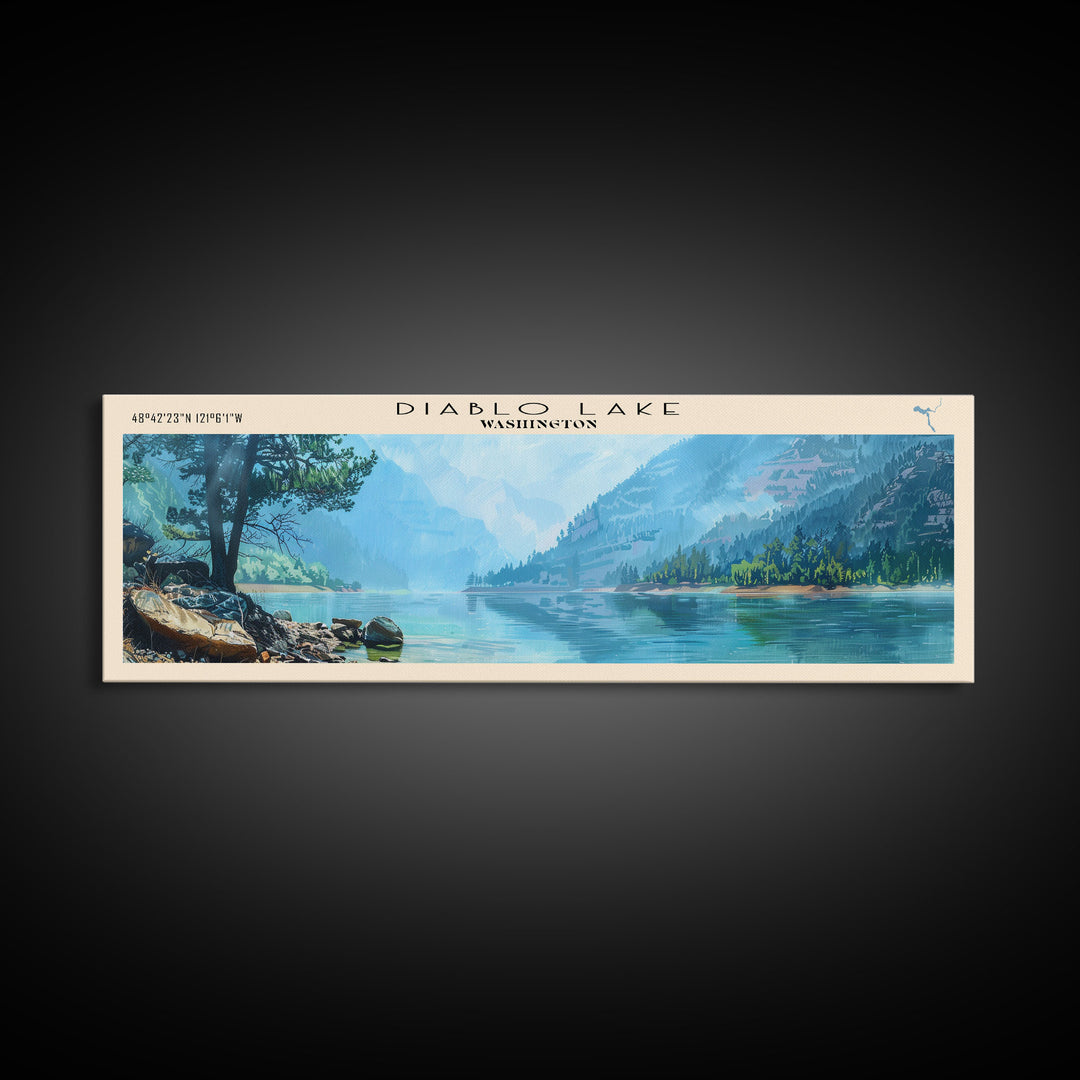 Diablo Lake Washington Framed Canvas Print, Lake House Art, Panoramic Wall Art, Travel Poster, Minimalist Lake Painting, Home Decor