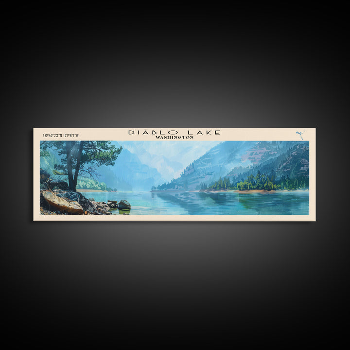 Diablo Lake Washington Framed Canvas Print, Lake House Art, Panoramic Wall Art, Travel Poster, Minimalist Lake Painting, Home Decor