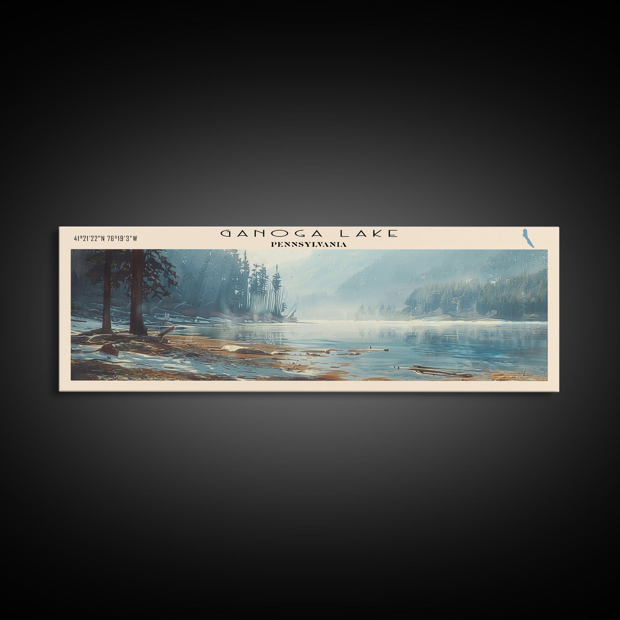 Ganoga Lake Pennsylvania Framed Canvas Print, Panoramic Lake House Decor, Wall Art, Travel Poster, Vibrant Lake Painting, Nature Art