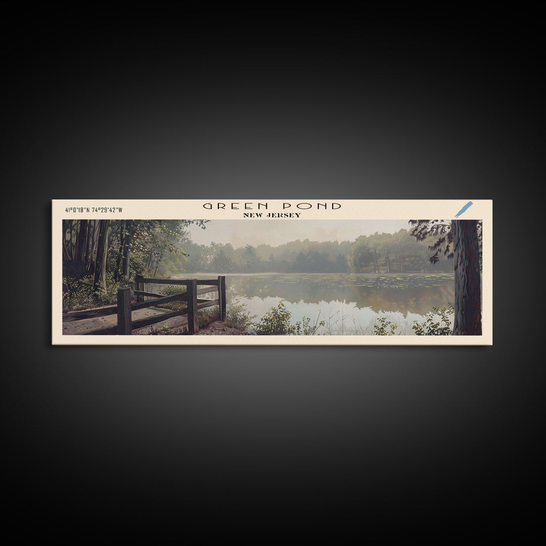 Green Pond New Jersey Framed Canvas Print, Panoramic Lake House Decor, Wall Art, Travel Poster, Tranquil Lake Painting, Nature Art