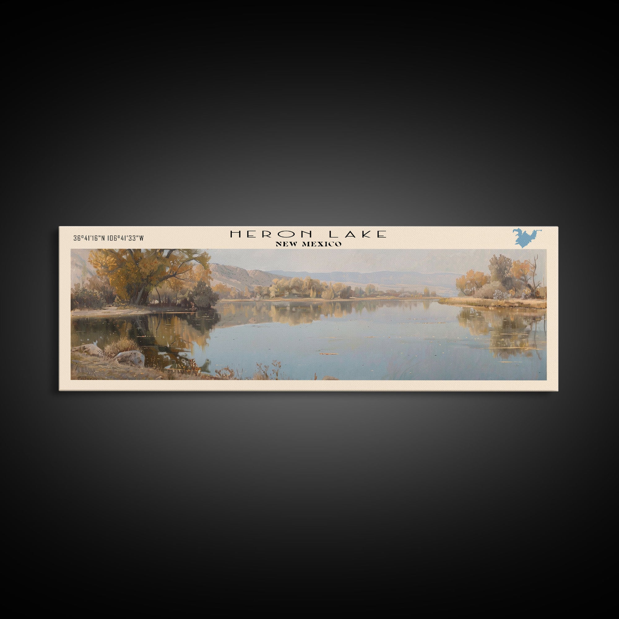 Heron Lake New Mexico Framed Canvas Print, Lake House Decor, Panoramic Wall Art, Travel Poster, Scenic Lake Painting, Nature Art