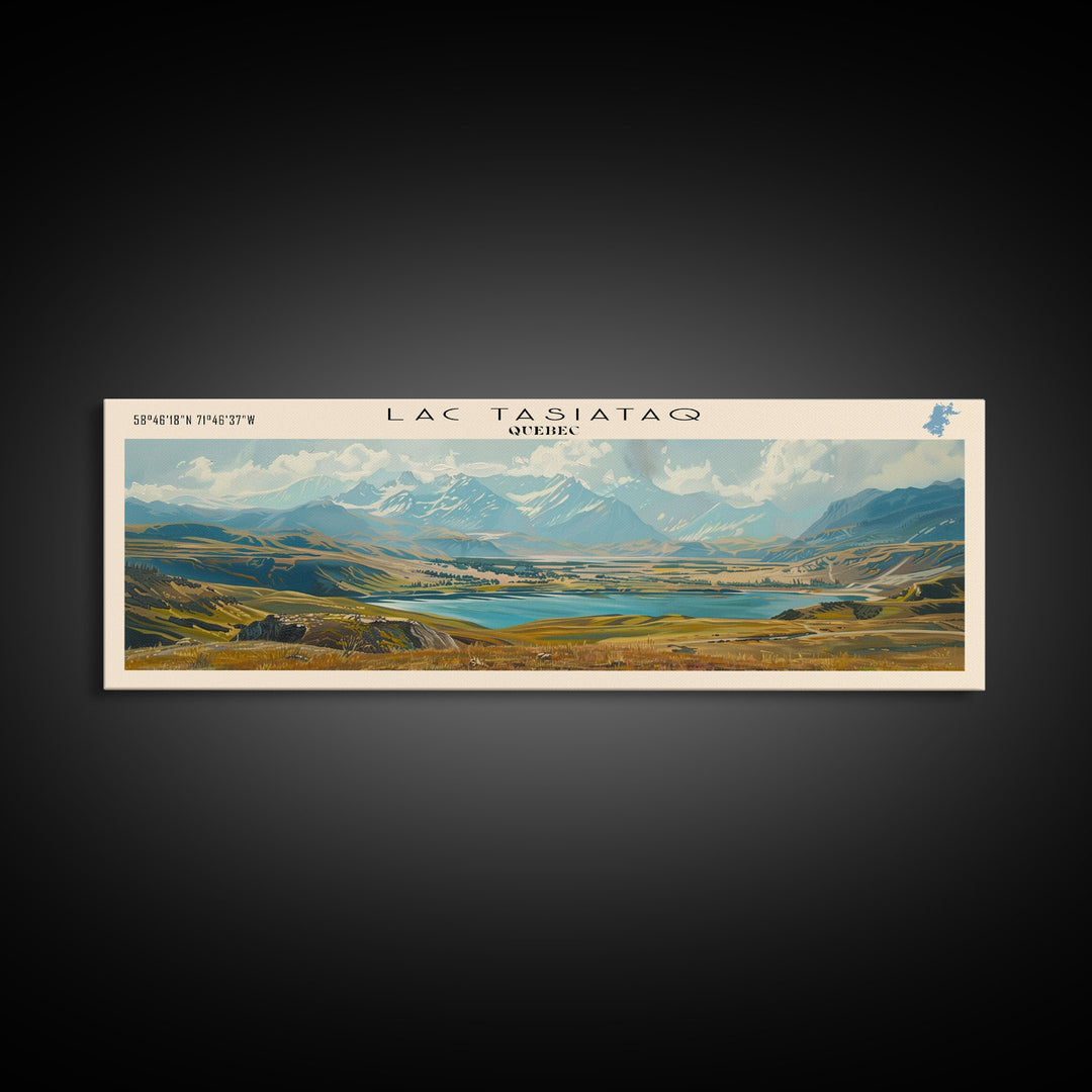 Lac Tasiataq Framed Canvas Print, Panoramic Lake House Decor, Wall Art, Travel Poster, Scenic Lake Painting, Nature Art