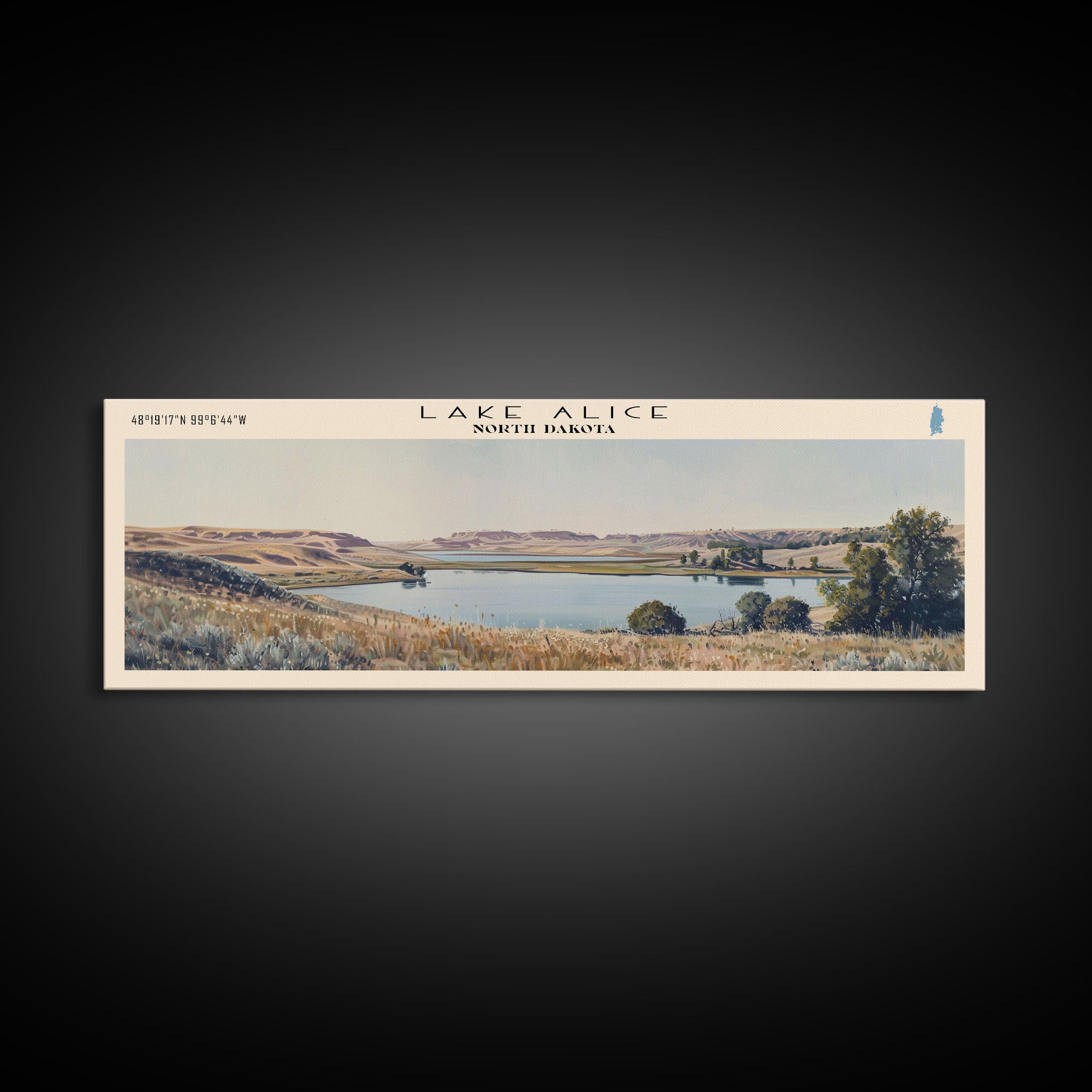 Lake Alice North Dakota Framed Canvas Print, Panoramic Lake House Decor, Wall Art, Travel Poster, Scenic Lake Painting, Nature Art