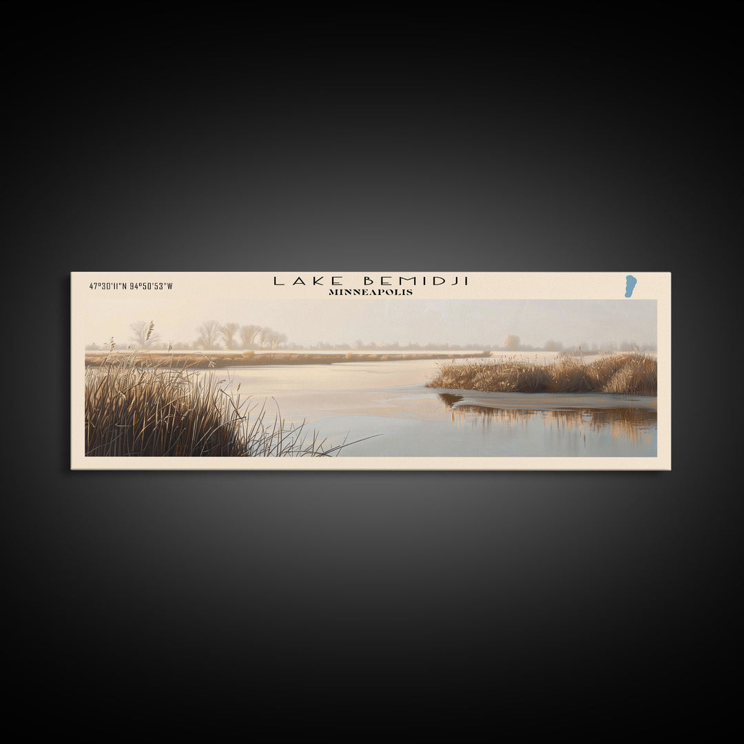 Lake Bemidji Minneapolis Framed Canvas Print, Lake House Art, Panoramic Wall Art, Travel Poster, Stunning Lake Painting, Home Decor