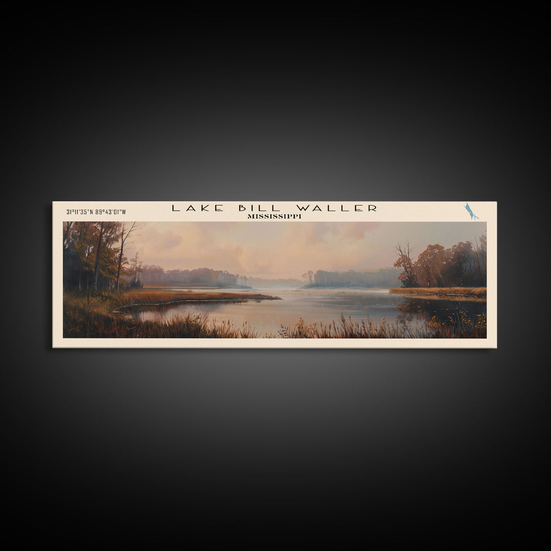 Lake Bill Waller Mississippi Framed Canvas Print, Lake House Decor, Panoramic Wall Art, Travel Poster, Captivating Lake Painting, Nature Art