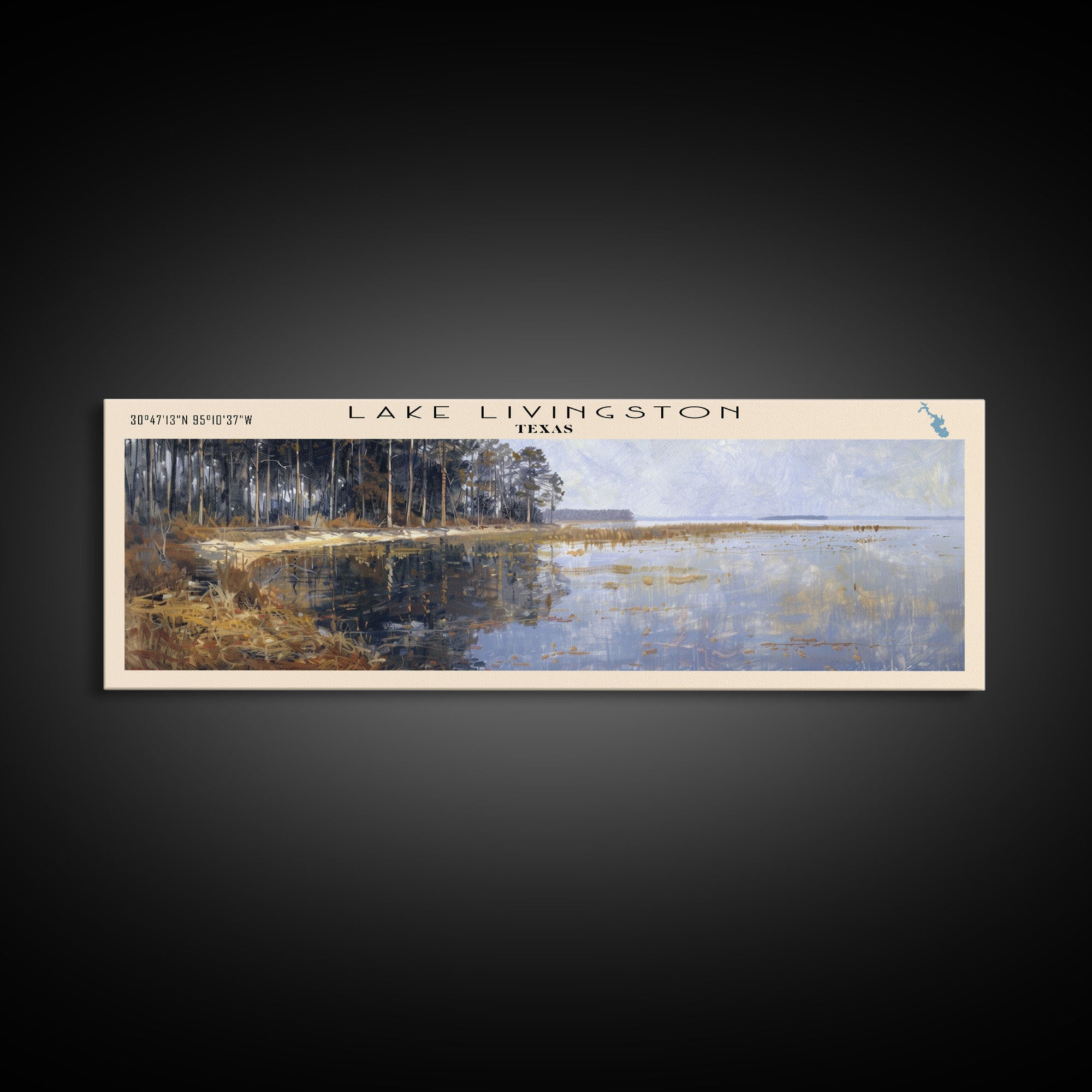 Lake Livingston Texas Framed Canvas Print, Lake House Decor, Panoramic Wall Art, Travel Poster, Scenic Lakeside Painting, Nature Print
