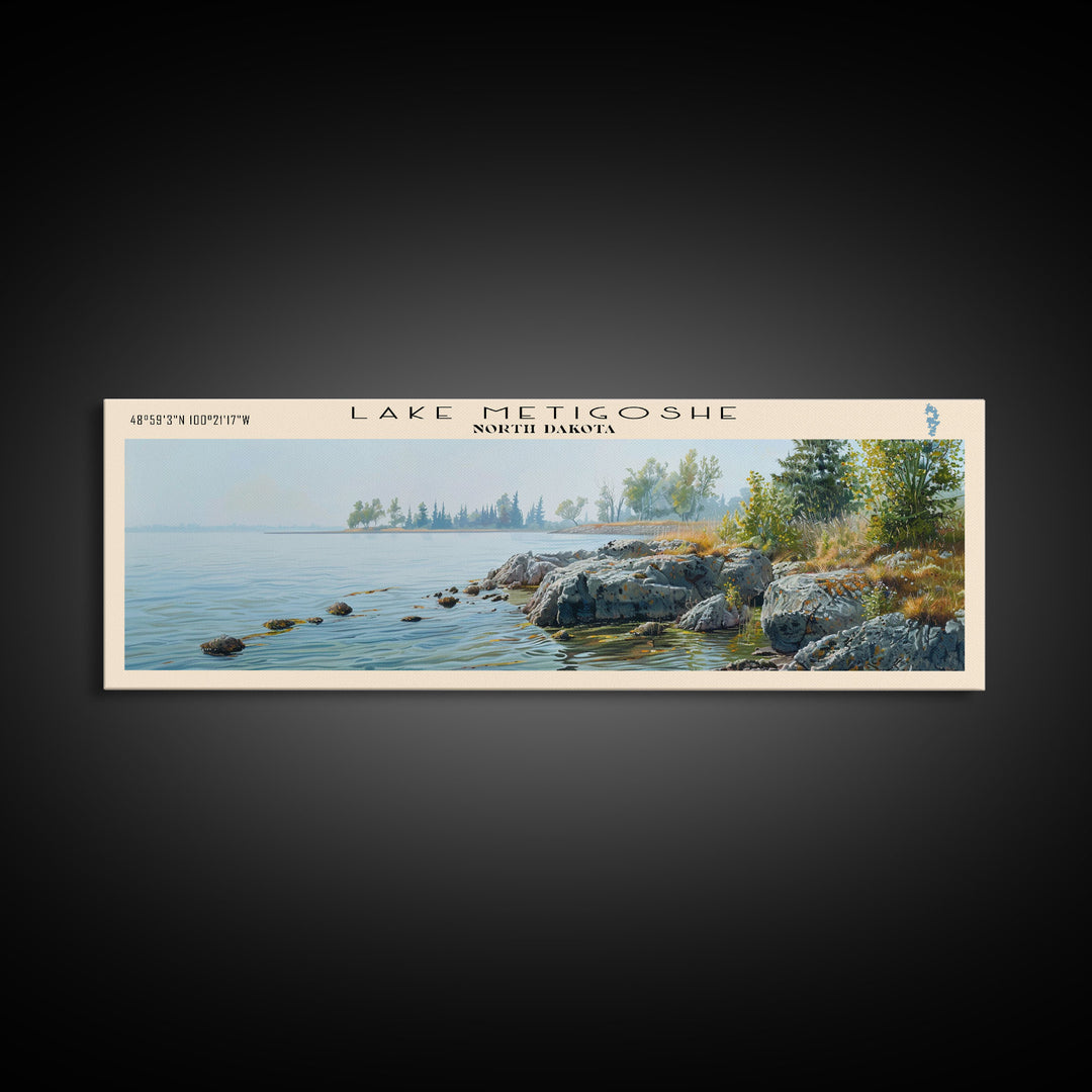 Lake Metigoshe North Dakota Framed Canvas Print, Lake House Decor, Panoramic Wall Art, Travel Poster, Serene Landscape Painting, Living Room Decor