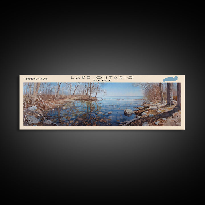 Lake Ontario Framed Canvas Print, Lake House Decor, Panoramic Wall Art, Travel Poster, Serene Landscape Painting, Rustic Art