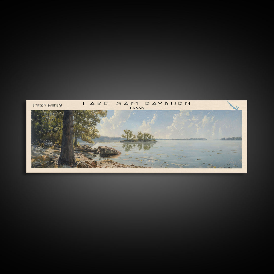 Lake Sam Rayburn, Boho Art, Serene Landscape, Travel Poster Art, Wall Art, Home Decor, Nature Scene, Lake Painting, Minimalist Art, Rustic Art, Travel Print, Framed Canvas Print, Lake House Decor, Panoramic Print